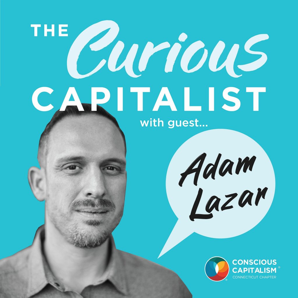 The Curious Capitalist Podcast podcast cover with Adam Lazar. Adam is a white man with facial hair. he is wearing a polo shirt.