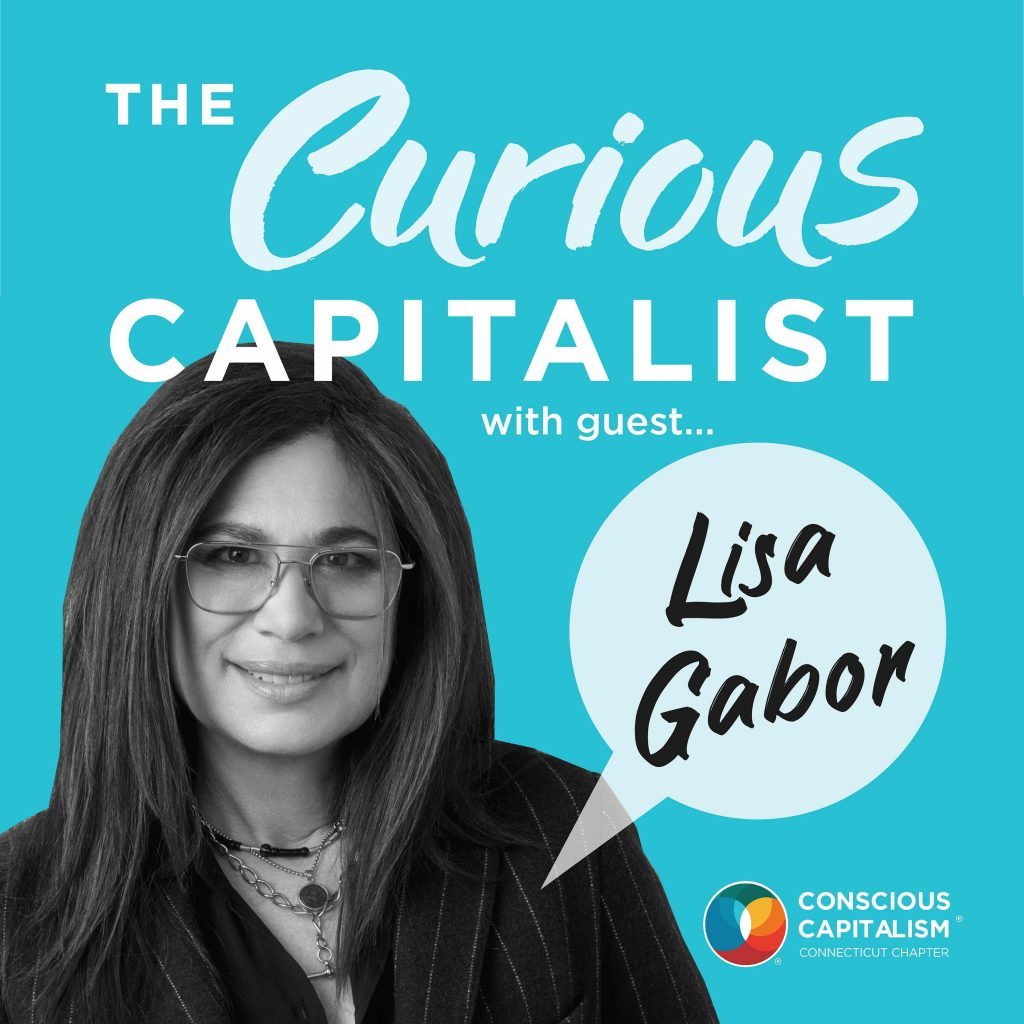 The Curious Capitalist podcast cover with Lisa Gabor. Lisa is a woman with dark hair and glasses