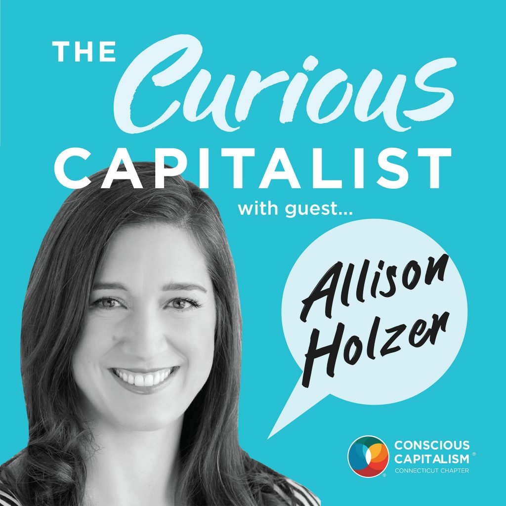 The Curious Capitalist podcast cover with Allison Holzer. Allison is a white woman with dark long hair.