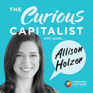 The Curious Capitalist podcast cover with Allison Holzer. Allison is a white woman with dark long hair.
