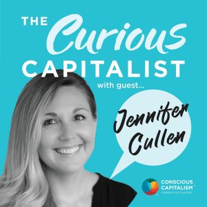 The Curious Capitalist podcast cover with Jennifer Cullen. Jennifer is a white woman with long blonde hair