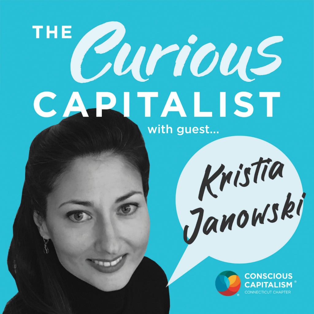 The Curious Capitalist podcast cover with Kristia Janowski. Kristia has dark hair and is smiling