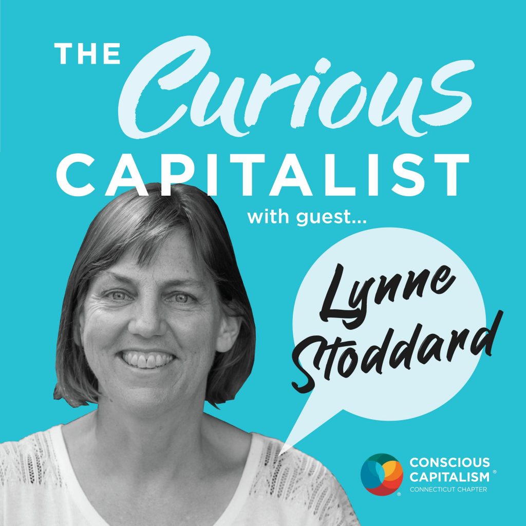 The Curious Capitalist podcast cover with Lynne Stoddard. lynne is a white woman with short brown hair