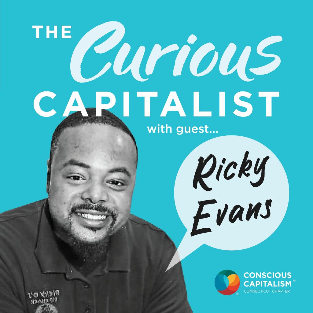 The Curious Capitalist podcast cover with Ricky Evans. Ricky is a black man with a goatee and is wearing a branded polo.