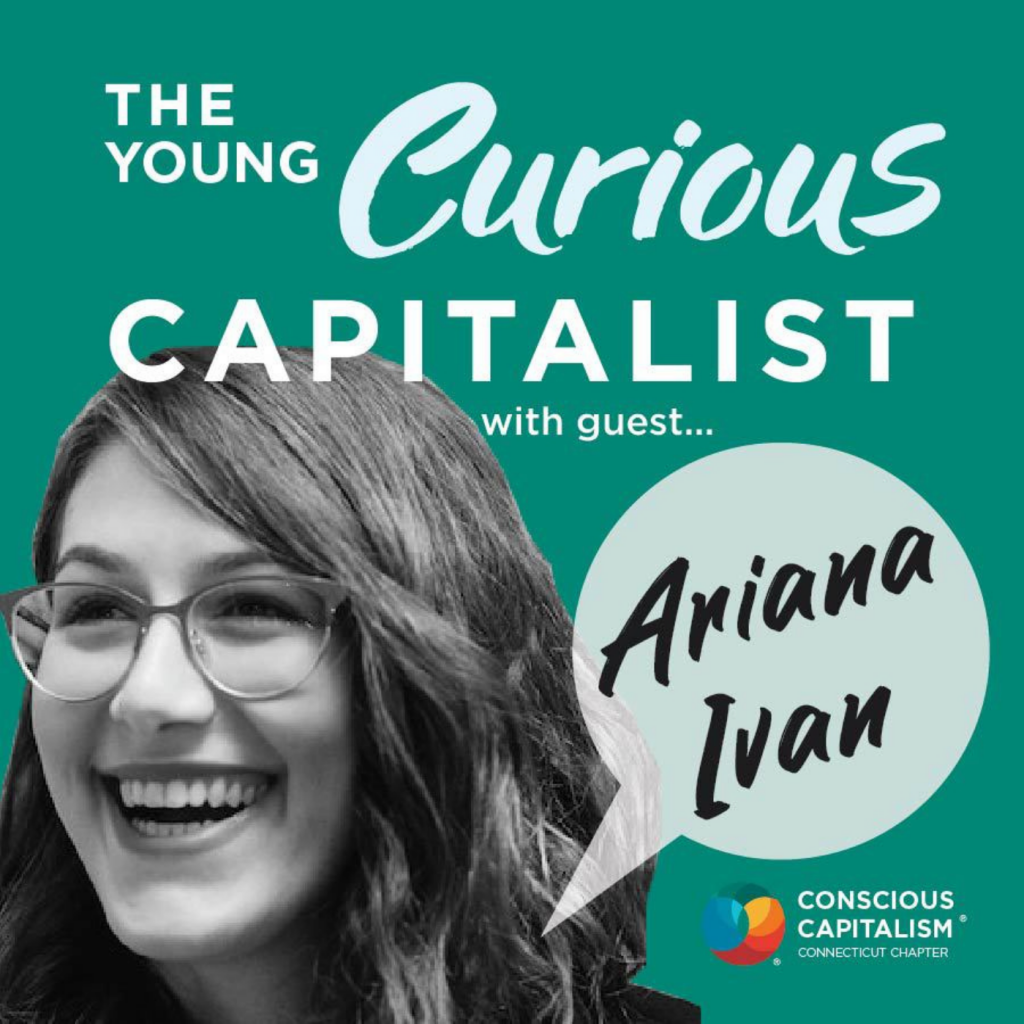 The Young Mentors podcast cover with Ariana Ivan. Ariana in smiling and wearing glasses