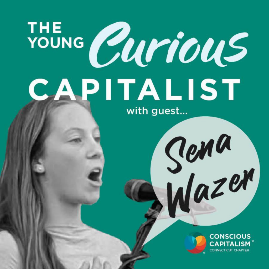 The Young Mentors podcast cover with Sena Wazer. Sena is white with blnde hair and is speaking into a podium mic.